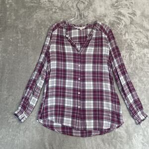 Beach Lunch Lounge Shirt Womens Small Purple Plaid Long Sleeve Button Up READ